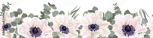 Seamless vector border pattern. White anemones, eucalyptus, green plants and leaves. Elements for wedding design