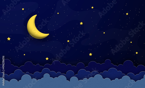 Moon and stars on the night sky background.