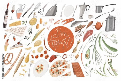Large hand-drawn restaurant set. Kitchen utensils, vegetables, fruits, dishes. Bon appetit  lettering. Cute cartoon style. White background. Stock illustration.  