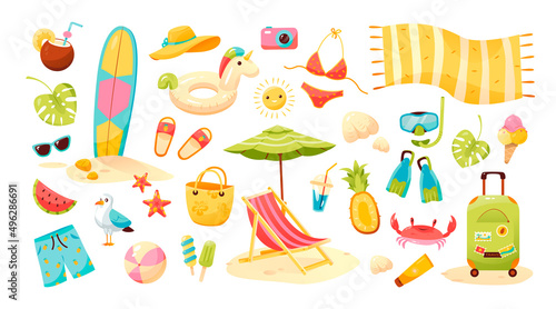 Big summer set. Hello summer. Summer set of cute elements. Swimsuit, sunglasses, sun lounger with umbrella, swimming circle, hat,  starfish, fruit, ice cream, fins and mask. Vector illustration