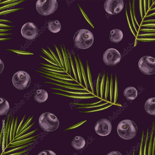 Hand drawn colorful acai. Vector seamless pattern of acai with leaves and berries. For kitchen design, food packaging, textiles.