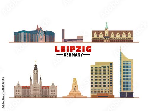 Leipzig Germany famous landmarks at white background. Flat vector illustration. Business travel and tourism concept with modern buildings. Image for banner or web site.