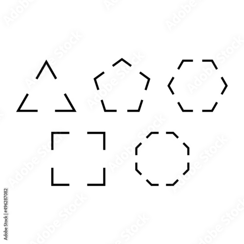 Triangle, square, pentagon, hexagon, octagon with a gap in the line icon. Vector geometry line break. Cut the line of three, four, five, six, eight sided polygon.