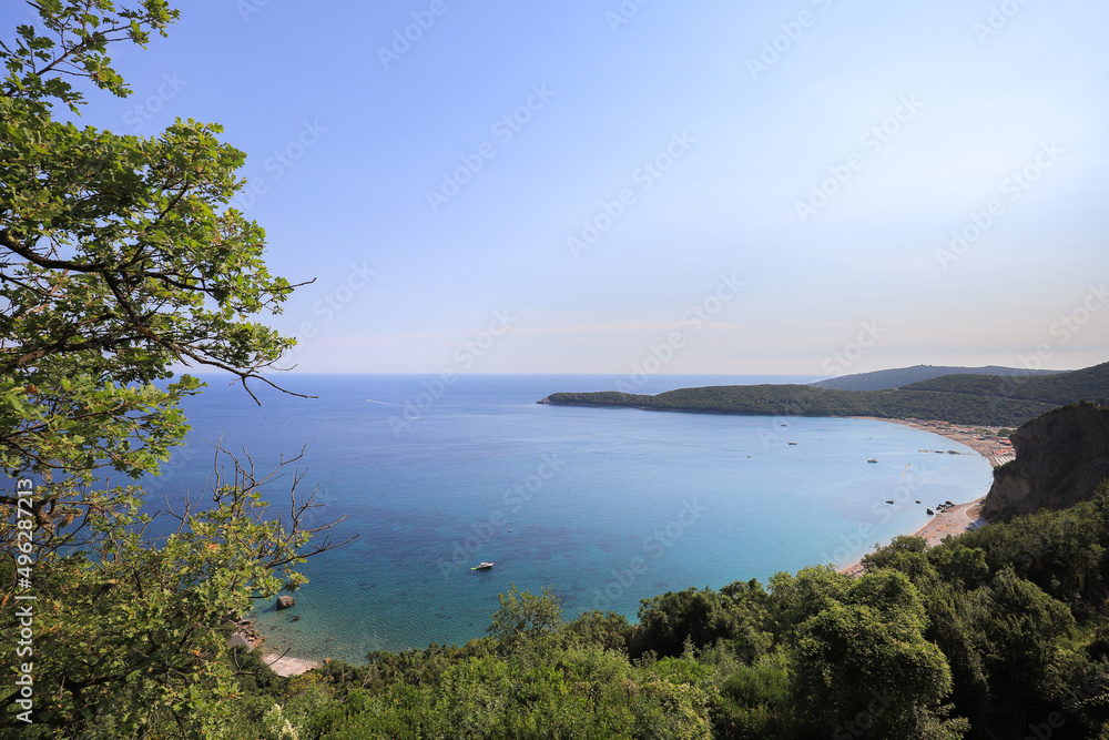 Panoramic view of the sea, mountains and beach from a height