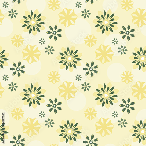 Structured pattern with fantasy flowers, a combination of dark grayish green and soft yellow. Seamless vector editable pattern