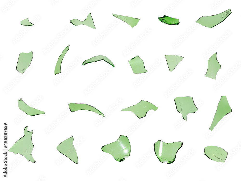 set of green glass shards isolated on white background set of green glass shards isolated on white background