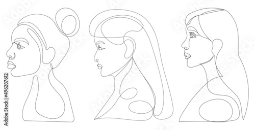 portrait of a girl in profile drawing in one continuous line, isolated vector