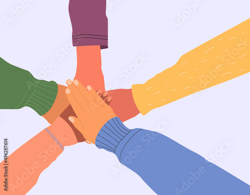 Concept of support, unity, teamwork, agreement. Hands of a diverse group of people come together. Vector flat illustration.