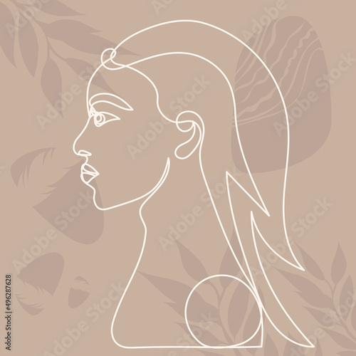 portrait girl in profile drawing by one continuous line, isolated