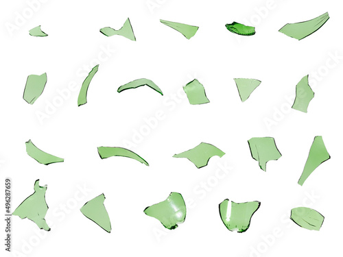 set of green glass shards isolated on white background