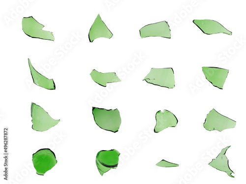 set of green glass shards isolated on white background photo