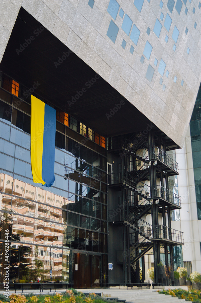 Ukrainian flags on the buildings and windows of Tbilisi