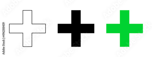 Plus sign linear black and green set. Medicine vector eps icons. Medical symbol collection on white background. Various pharmacy isolated crosses