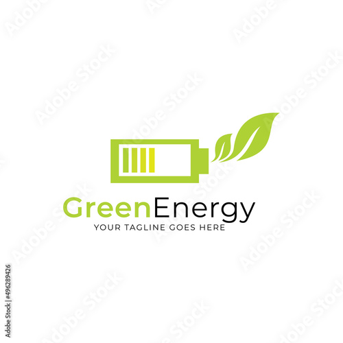 Renewable green energy logo template design. Electric charge leaf icon. Sustainable eco power company symbol. Vector illustration.