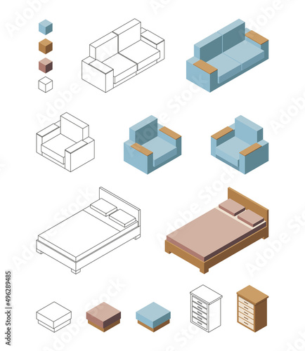 Vector isometric illustration, interior items. 3d furniture icons for living room, bedroom. Set of armchairs, sofas, beds