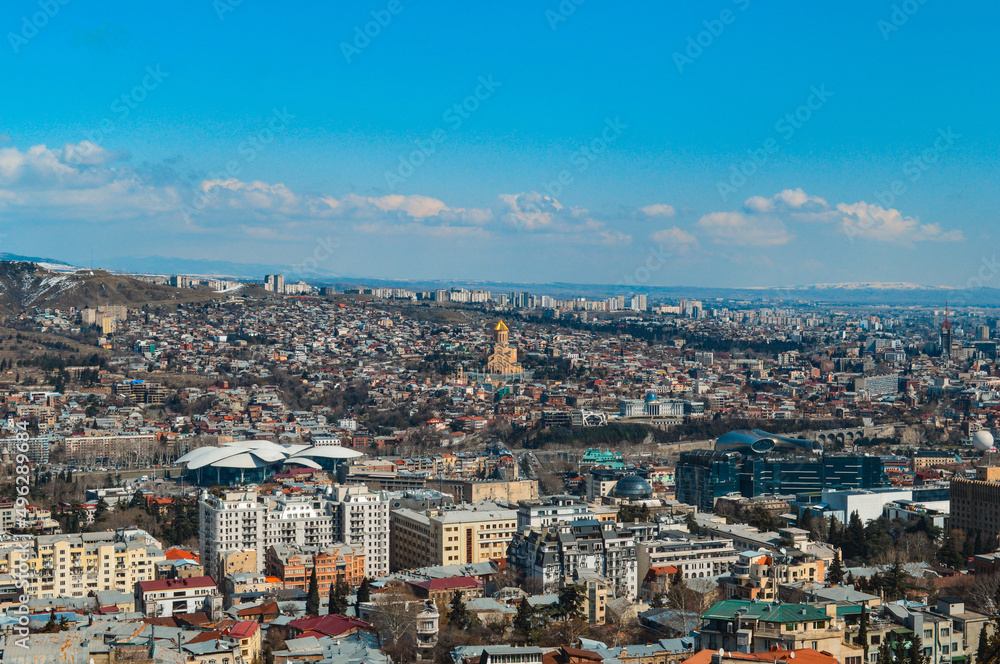 Panoramic view of the snow-covered city of Tbilisi spring