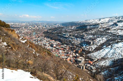 Panoramic view of the snow-covered city of Tbilisi spring