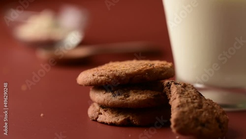 pick up biscuit,mlik glass,breakfast chocolate biscuit cookie photo