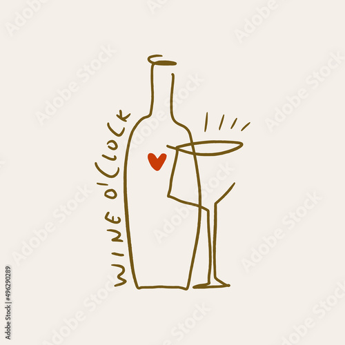 Vector line art wine minimal logo bottle and glass alcohol linear style label