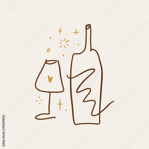 Vector line art wine minimal logo bottle and glass alcohol linear style label