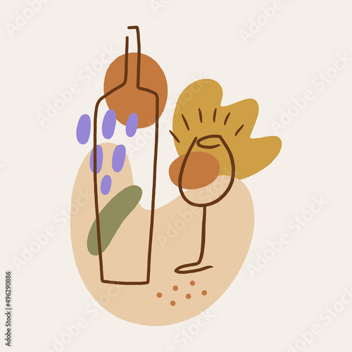 Vector line art wine minimal logo bottle and glass alcohol linear style label