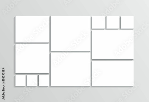 Photo collage template. Moodboard layout. Mood board background. Mosaic picture frame. Scrapbook grid. Gallery banner. Portfolio images mockup. Album brandboard. Retro photoframe. Vector illustration