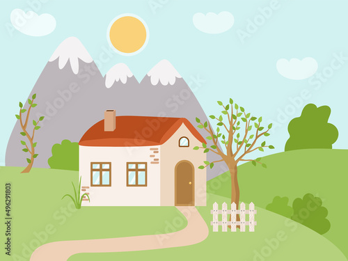 Spring rural house in the mountains. Cute rustic landscape with a white fence  tree  bushes  lawn. Vector illustration of a sunny day outside the city.