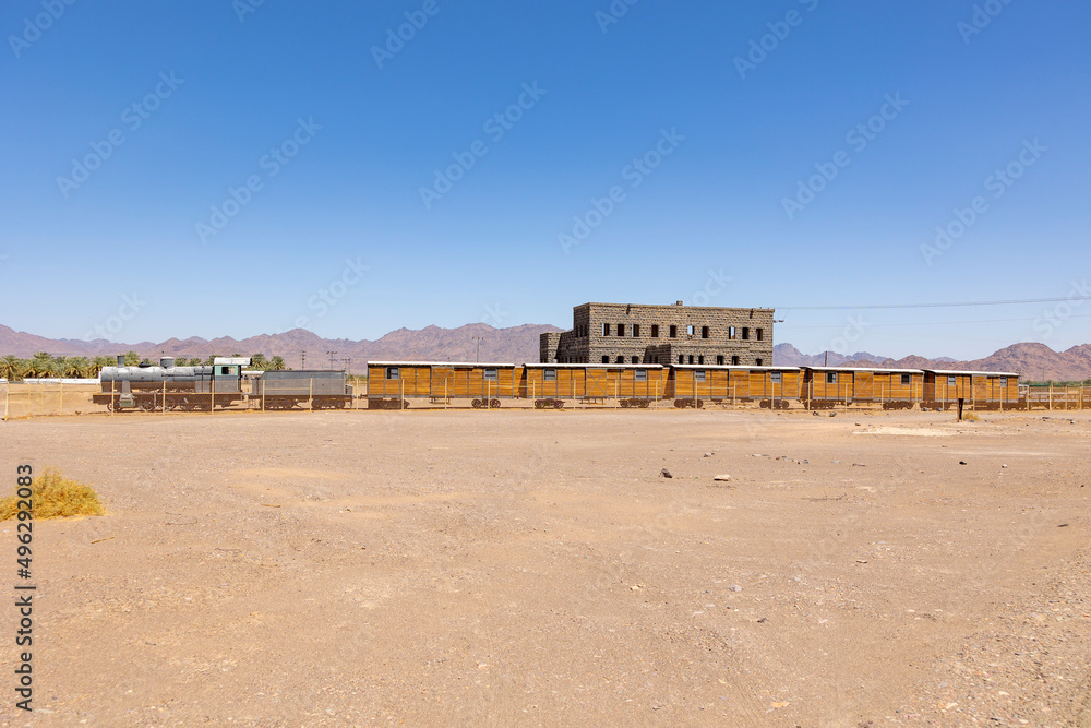 Restored railway train and carriages once part of the Hejaz Ottoman Railway network, Al Buwayr Station near Medina, Saudi Arabia