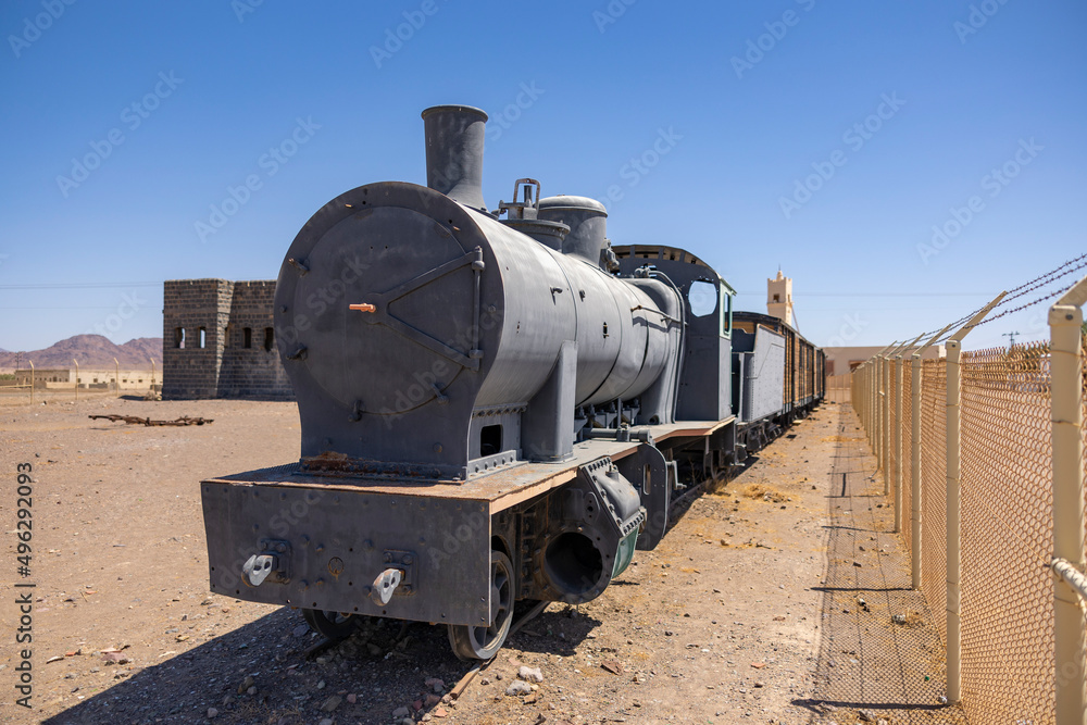 Naklejka premium Restored railway train and carriages once part of the Hejaz Ottoman Railway network, Al Buwayr Station near Medina, Saudi Arabia