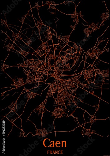 Black and orange halloween map of Caen France.This map contains geographic lines for main and secondary roads.