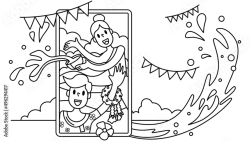 Songkran next normal Thai New Year concept illustration online technology vector for coloring