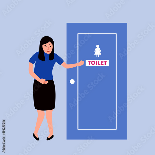 Woman painful urination concept vector illustration. Female holding pee in front of toilet. Diarrhea symptom.