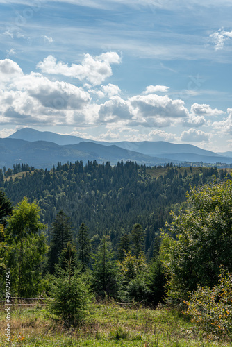 Beautiful landscape of nature, mountains and forest in rural area on a sunny summer day