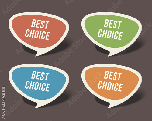 Bubbles stickers conversational vector template. Pastel dialogue orange comment sign with text message and blue discussion. Green comment banner for sale and red 3d social media communication.