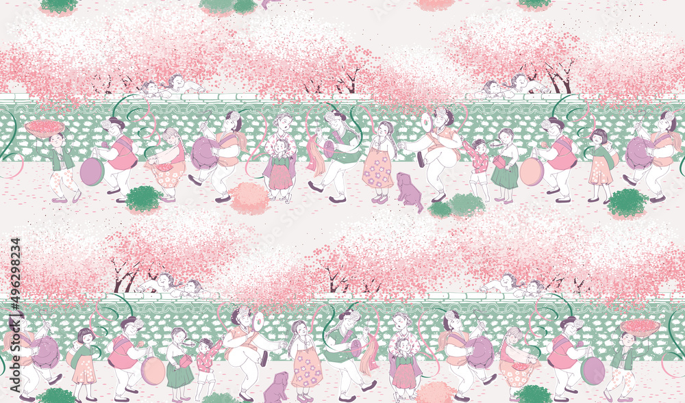 Seamless pattern illustration of cherry blossom viewing children and people. The modern design of Korea. Design for Poster, card, picture frame, fabric, and web design Seamless pattern illustration of cherry blossom viewing children and people. The modern design of Korea. Design for Poster, card, picture frame, fabric, and web design