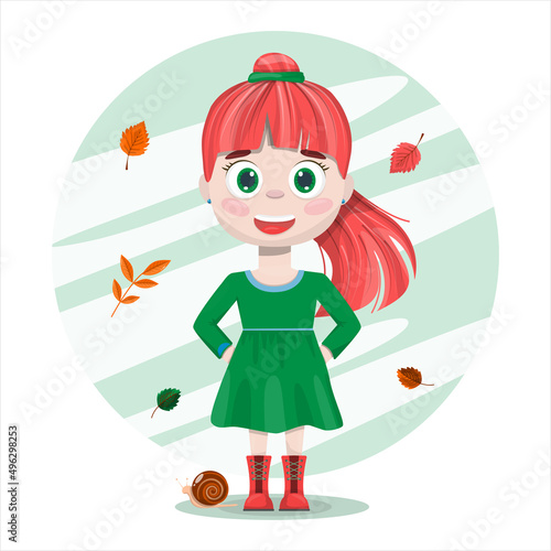 Vector flat ute smile girl. Cartoon pretty little woman in dress with background. A cheerful beautiful child. Dresses for different seasons