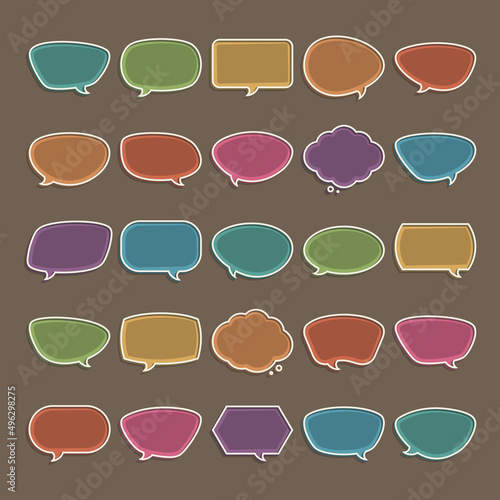 Pastel bubbles stickers conversational vector template. Chatting dialogue orange comment sign with text message and blue discussion. Green comment banner for sale and red social media communication.