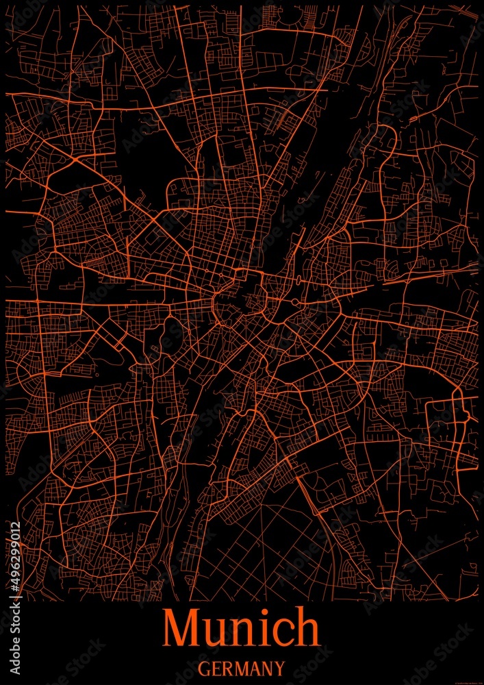 Fototapeta premium Black and orange halloween map of Munich Germany.This map contains geographic lines for main and secondary roads.