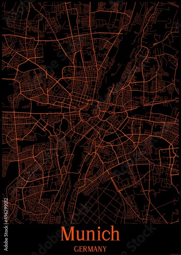 Black and orange halloween map of Munich Germany.This map contains geographic lines for main and secondary roads.