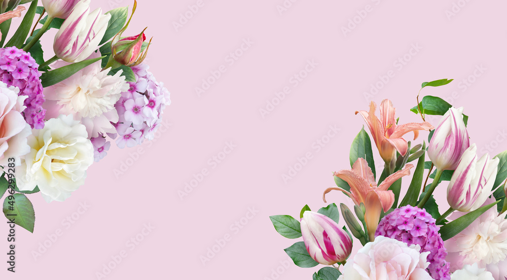 Floral banner, header with copy space. White roses, peony, lily, tulips isolated on pink background. Natural flowers wallpaper or greeting card.