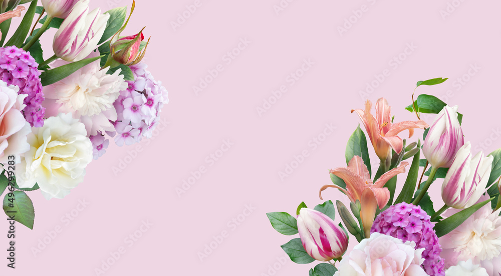Floral banner, header with copy space. White roses, peony, lily, tulips isolated on pink background. Natural flowers wallpaper or greeting card. Floral banner, header with copy space. White roses, peony, lily, tulips isolated on pink background. Natural flowers wallpaper or greeting card.