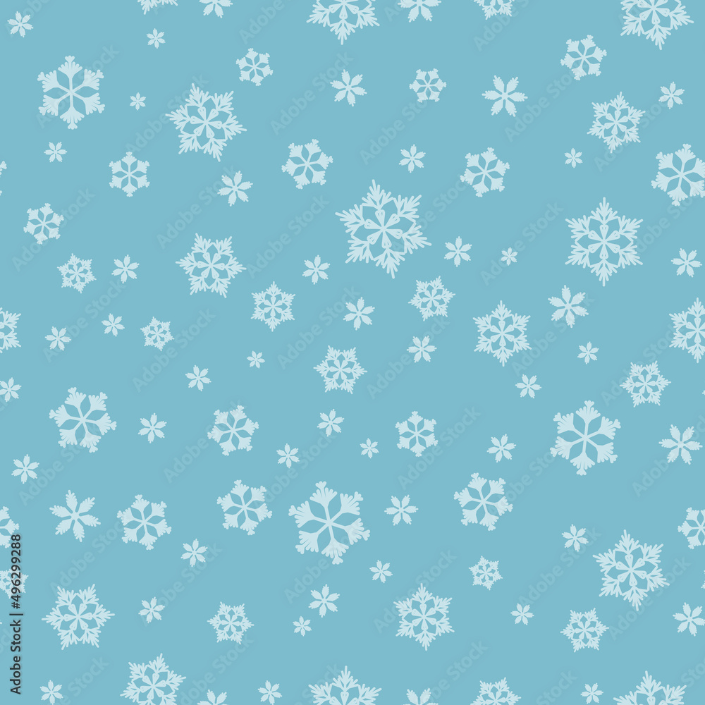 Winter seamless pattern with white snowflakes on blue background. Vector illustration for fabric, textile wallpaper, posters, gift wrapping paper. Christmas vector illustration. Falling snow Winter seamless pattern with white snowflakes on blue background. Vector illustration for fabric, textile wallpaper, posters, gift wrapping paper. Christmas vector illustration. Falling snow
