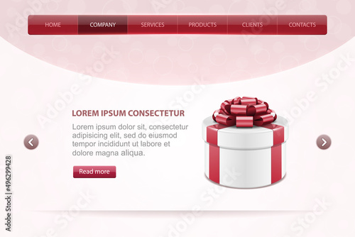 Pink hemisphere with gift box landing page vector template. Round container tied with red ribbon with descending planet. Congratulatory site on valentines day and selection of celebration.
