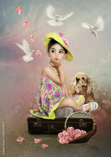 Little girl sitting on a suitcase next to a dog blowing rose petals