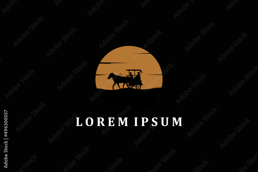 Horse drawn, Cowboy Riding Horse Silhouette at Sunset Sun Moon logo design illustration