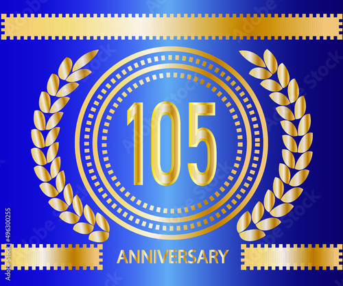 105 years anniversary logo. Vector and illustration in gold and blue background