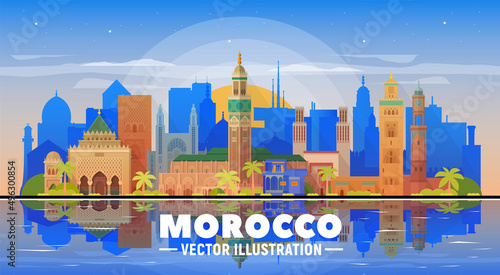 Morocco skyline with panorama in white background. Vector Illustration. Business travel and tourism concept with modern buildings. Image for presentation, banner, placard and web site.