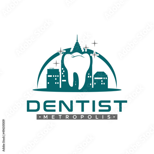 Tooth Teeth Dental dentistry with Cityscape for Urban Dentist Logo design