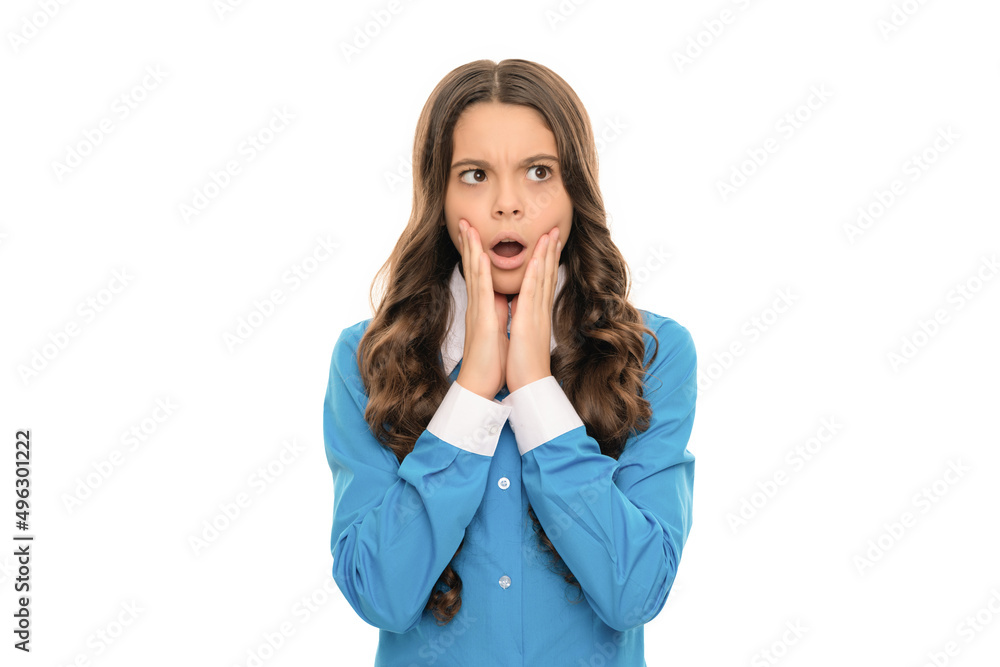 shocked child long curly hair isolated on white, face shocked child long curly hair isolated on white, face