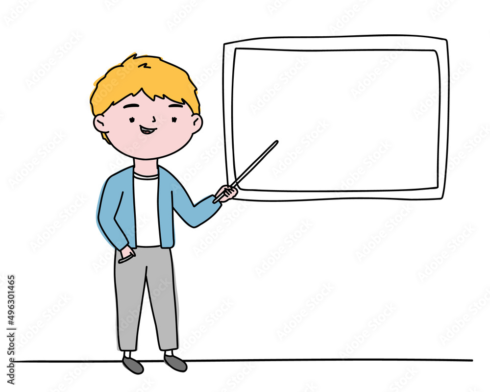 The teacher standing at the blackboard and speaks in class, explains. A smart person on an isolated background for text. The teacher standing at the blackboard and speaks in class, explains. A smart person on an isolated background for text.